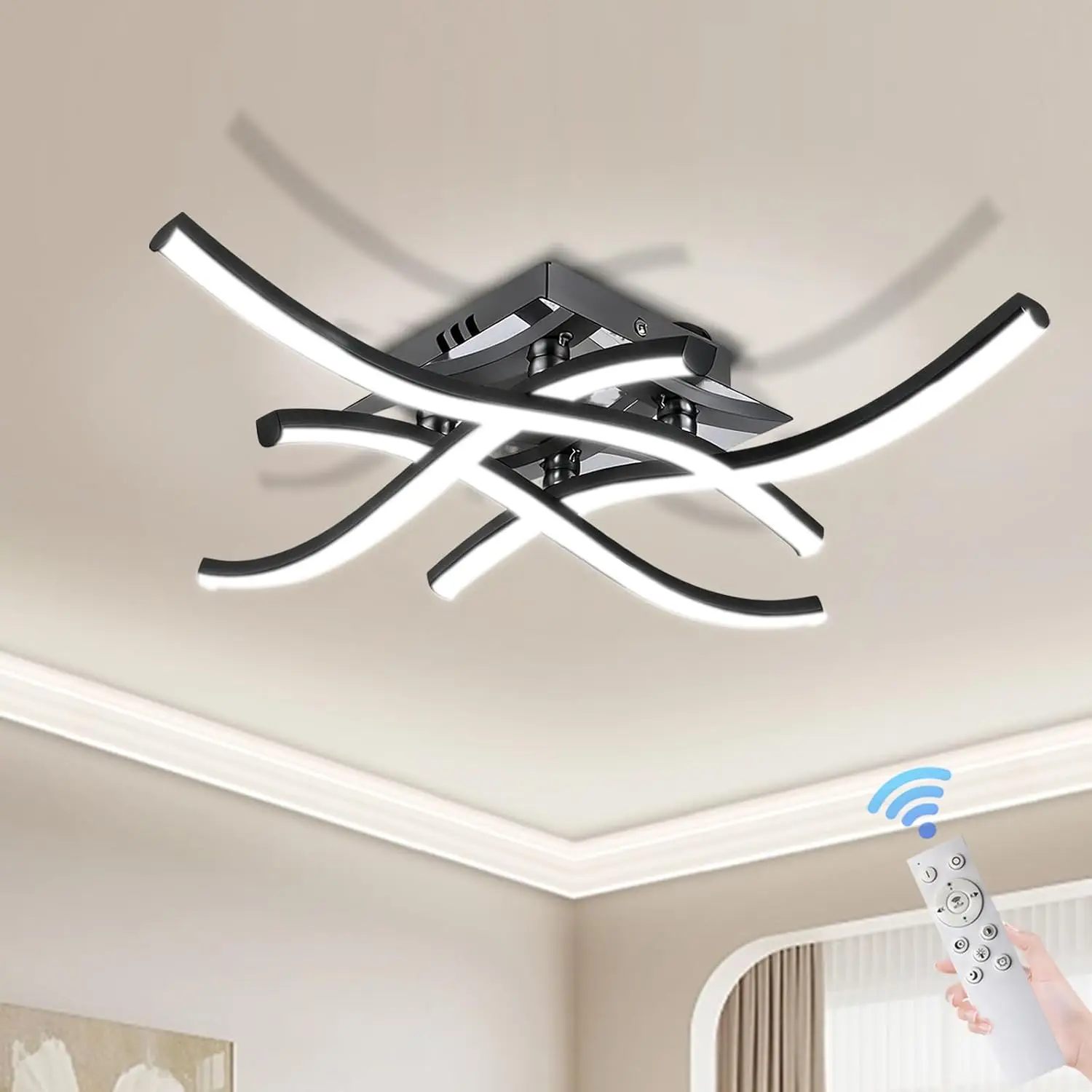 27.5Inch Modern LED Ceiling Light Fixture, 36W Stepless Dimming Curved Wave Ceiling Lamp with Remote & Timing Function for Bedroom, Kitchen, Hallway, Foyer Library Dining Room Black
