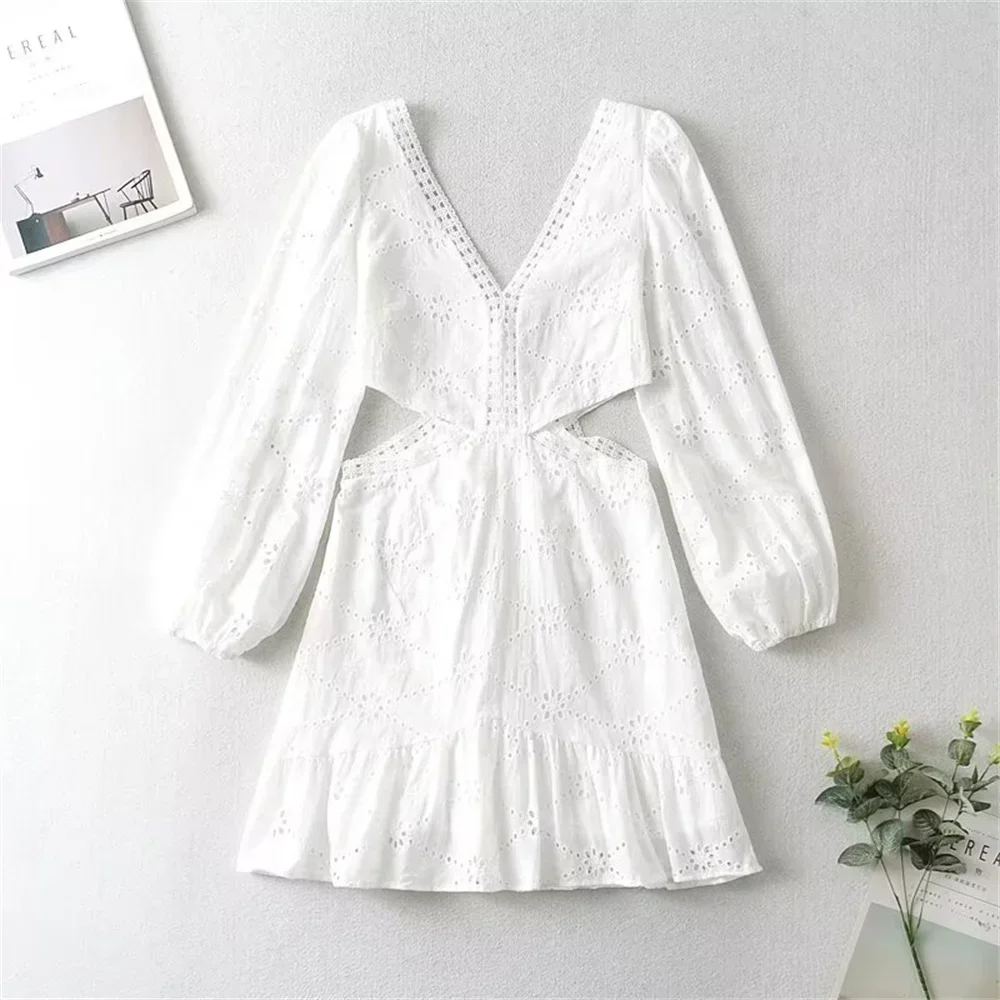LIBIELIY 2025 Summer New Women's European And American Style Fashionable And Distinctive V-neck Lace Waist Opening Dress