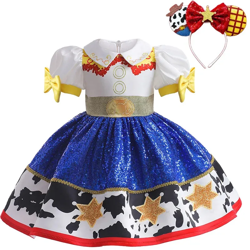 

Western Cowboy Jessie Costume Girl Cartoon Cow Frocks Princess Dress+Sequin Bow Headband Kids Halloween Birthday Carnival Outfit
