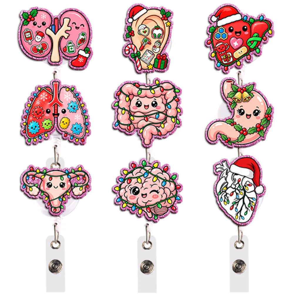Colorful Christmas Medical Organs Badge Reel Set Retractable Unique Gift for Med Lovers Collectors