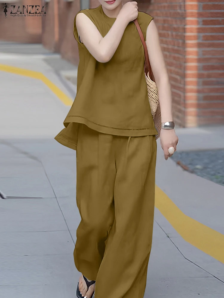 

ZANZEA 2025 Summer Wide Leg Pants 2 Piece Pant Sets O-Neck Lace-Insert Hem Sleeveless Blouses Fashion Women Casual 2PCS Outfits