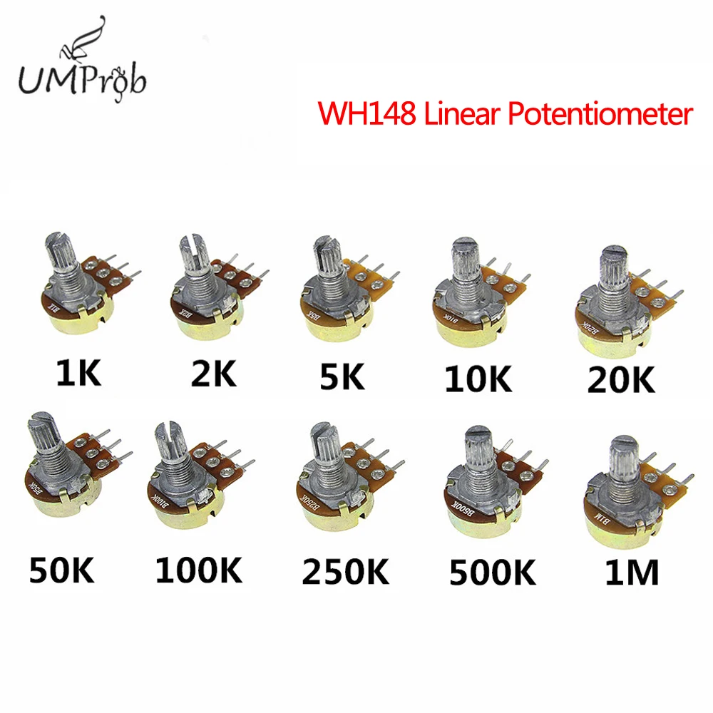 10PCS WH148 Potencjometr liniowy B1K B2K B5K B10K B20K B50K B100K B250K B500K B1M Wałek 15mm z nakrętkami Podkładki 3Pin WH148
