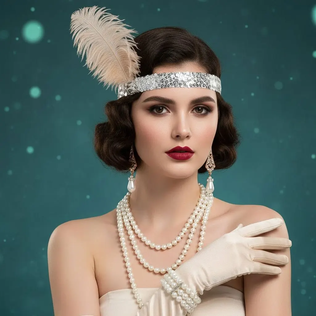 

1920s Flapper Accessories Set with Sequin Beaded Shawl - Roaring 20s Costume Kit - Feather & Long Satin Gloves for Prom Party