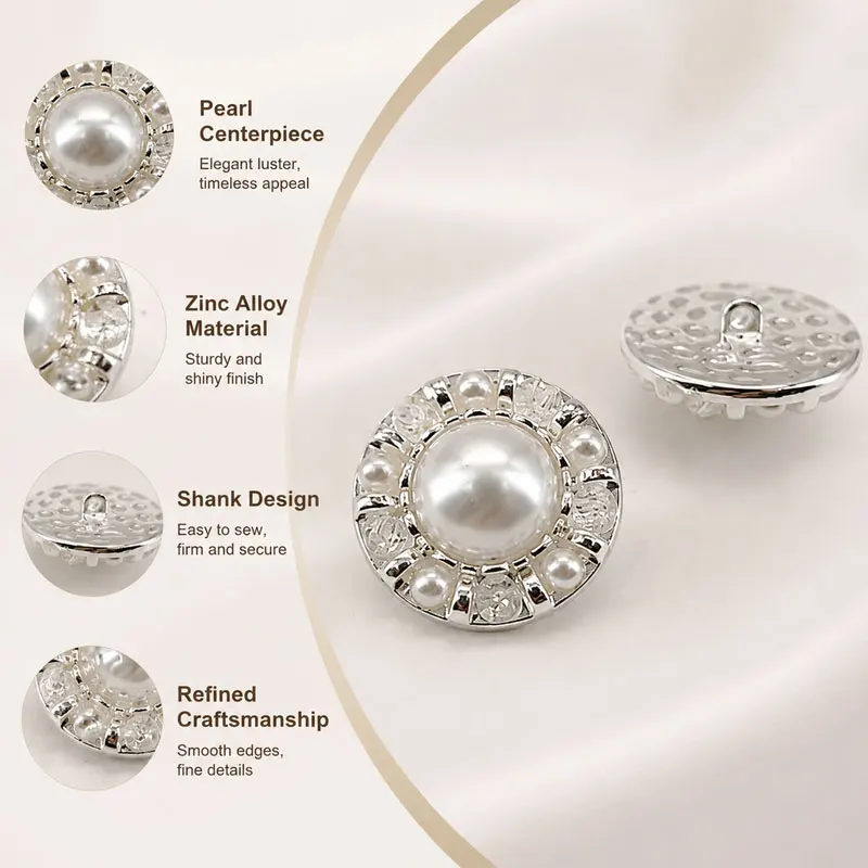 6 Stück neue luxuriöse weiße Perlen-Rundknöpfe aus Metall – 18/23 mm, DIY handgenähte Accessoires für Mantel, Kleid, Handarbeit – Detail 5