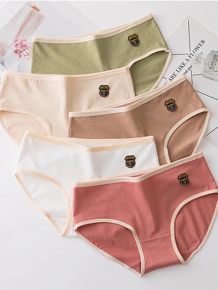 

Cotton Women's Underwear Comfortable Seamless Underpants Embroidery Badge Panties Solid Lingerie Mid Waist Girls Briefs