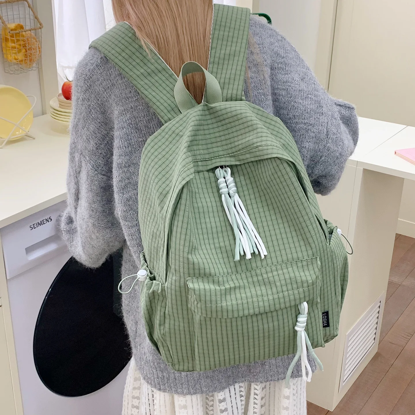 Korean Simple Blue Green White Grid Backpacks For Women Girl Lightweight Large Capacity School BookBags Teenager Travel Backpack