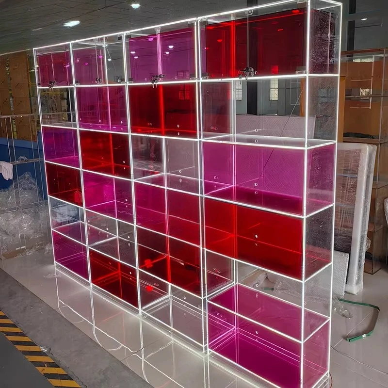 Colorful Gradient Acrylic LED Light Cabinet, Custom Rectangular Transparent Shelf Trendy Atmosphere Display Rack