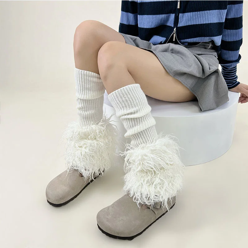 Women's Autumn And Winter New Product Imitation Beach Wool Splicong Long Socks Loose Long Socks Plush Warm Socks Color Blocked