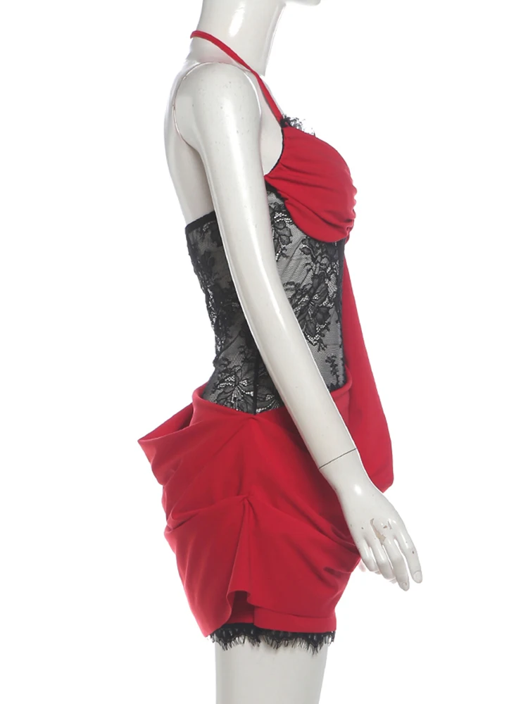 Weird Puss Spitzen-Patchwork-Kleid für Damen, Neckholder, tiefer Ausschnitt, Falten, rückenfrei, ärmellos, eng anliegend, hohe Elastizität, sexy, für Partys, figurbetont – Detail 4
