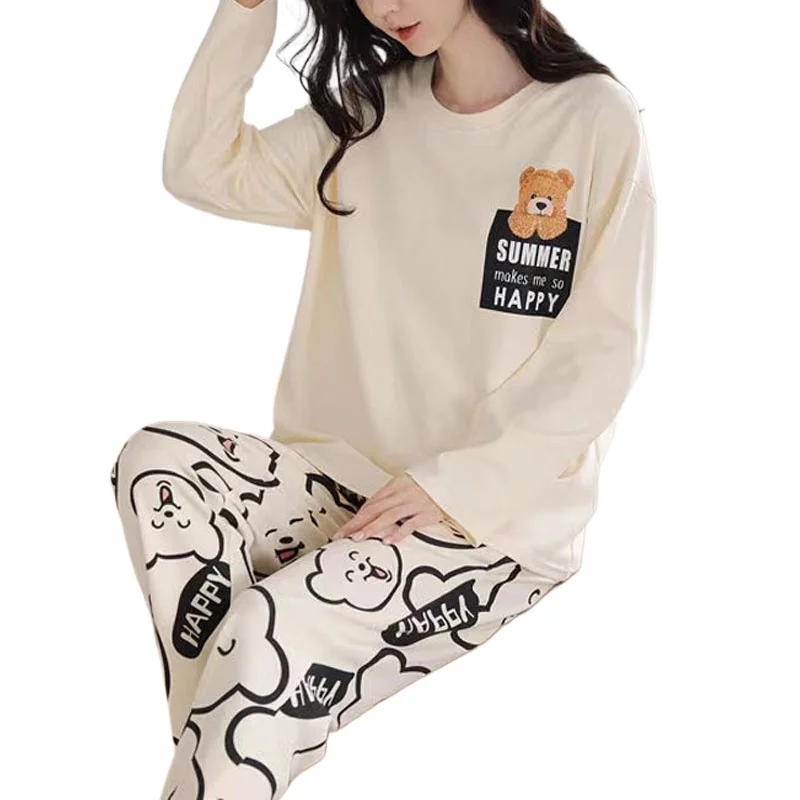 

Big Size Pajamas Set Student Nightwear Two-Piece Long-Sleeved Long Trousers Autumn Winter Cute Cartoon Bear Women Sleepwear