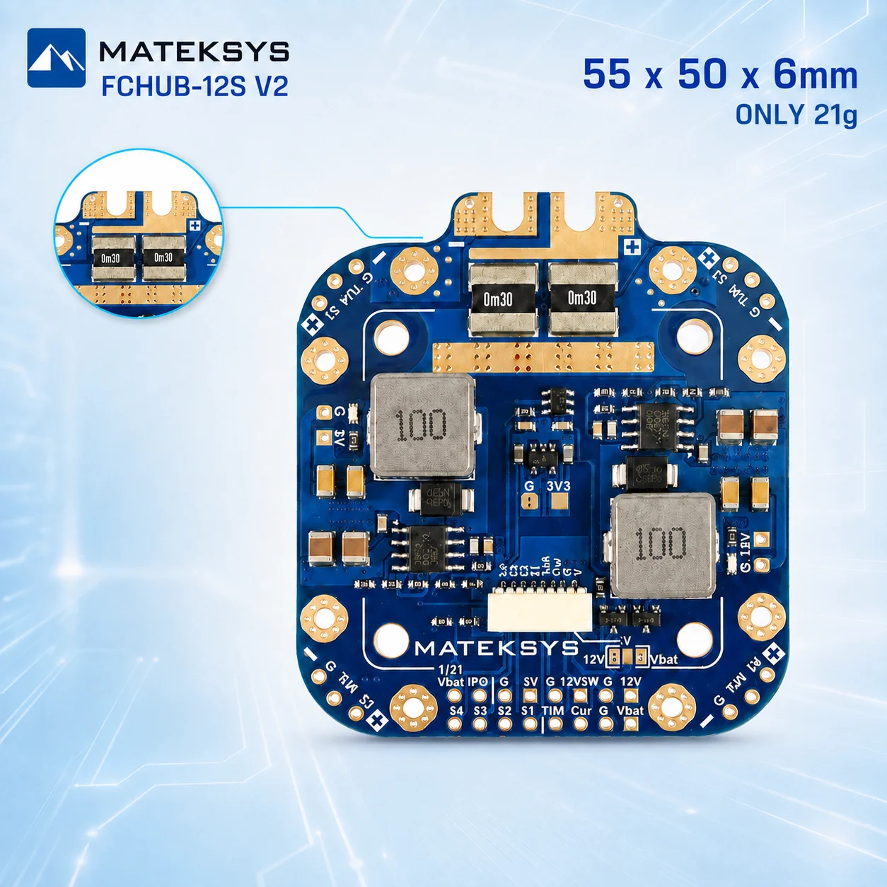 Matek FCHUB 12S V2 High Current PDB 8-60V 5V 5A 12V 4A Dual BEC Power Hub for X Class FPV Drone FC JST-SH 8Pin Connector 4x ESCs