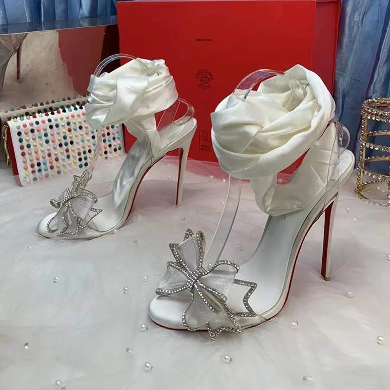 2023 Summer Size 34-45 Sweet White Satin Girls Women Fashion High Heels Sandals Shoes