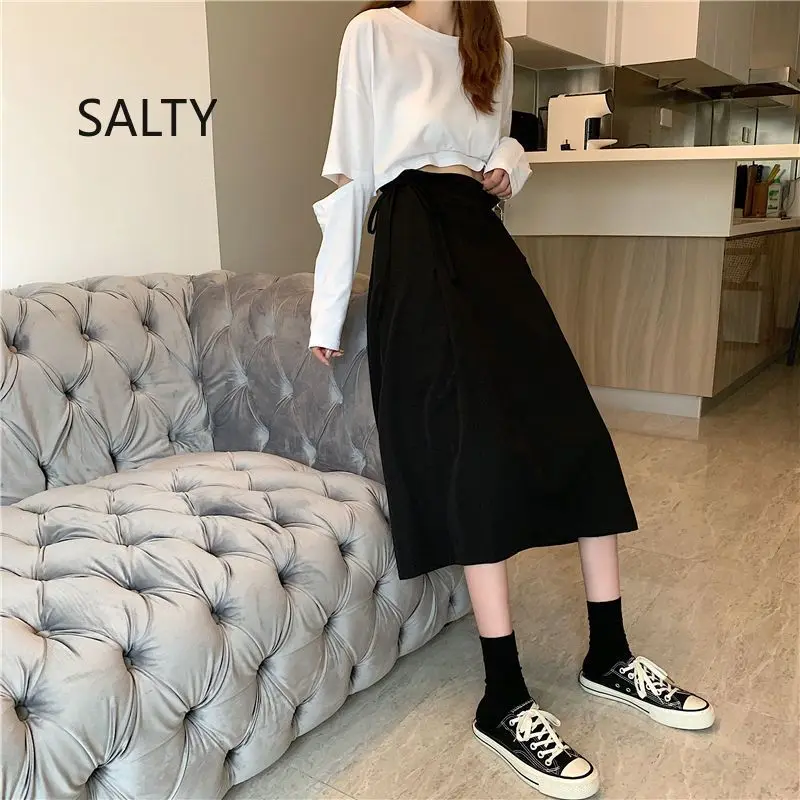 2025 New Korean Skirt Women Solid Mid-length Pleated Skirt Black and Grey Lace-up Skirt Female Long Skirts for Woman