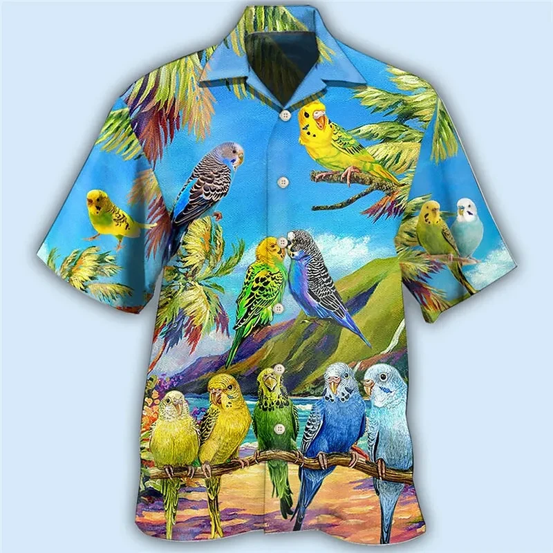 Hawaiian Beach Parrot Graphic Shirts For Men Clothing Fashion Hawaii Coconut Tree Animal 3D Printed Short Sleeve Vacation Tops