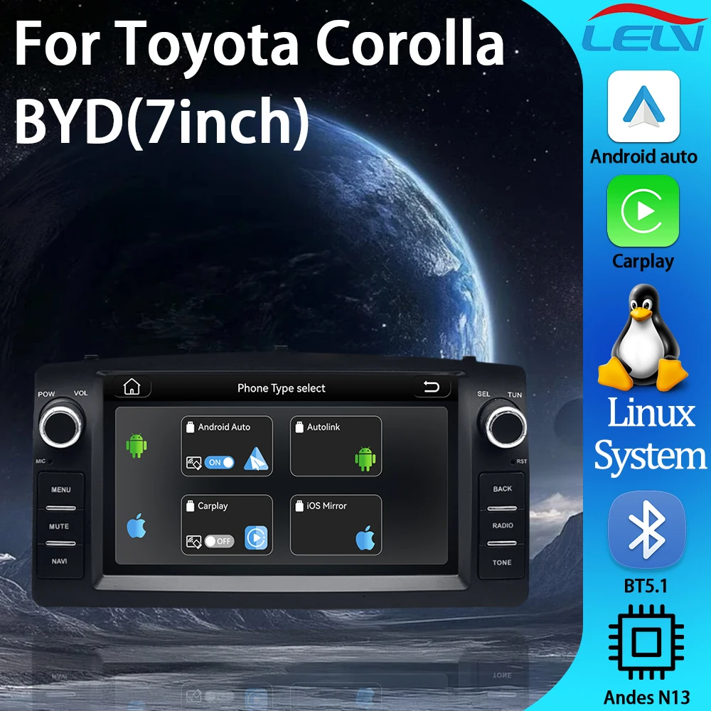 

Мультимедийный автомобильный проигрыватель LELV 7'' на Linux для Toyota Corolla E120 и BYD F3 с CarPlay, Android Auto и GPS-навигацией