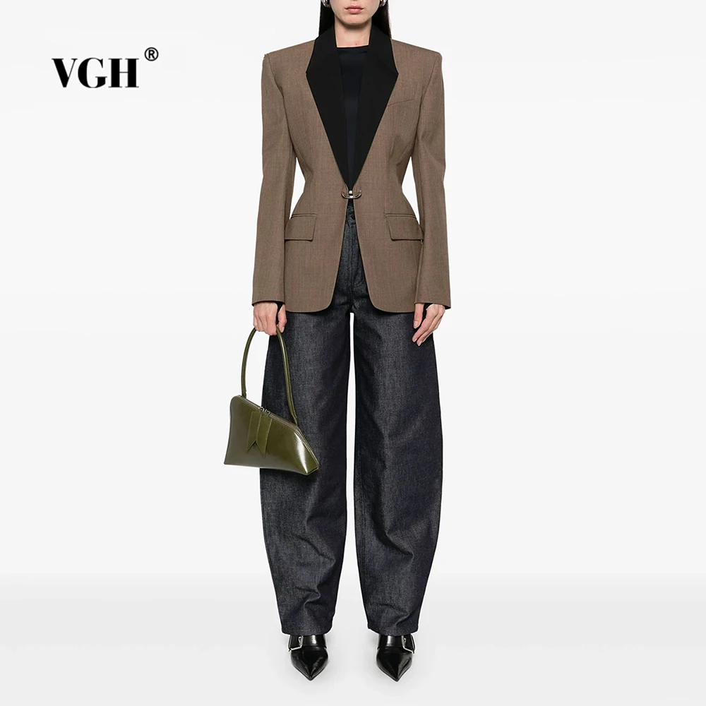 

VGH Hit Color Office Minimalist Coat for Women Lapel Long Sleeve Splied Metal Decoration Tunic Design Fashionable Jacket Female