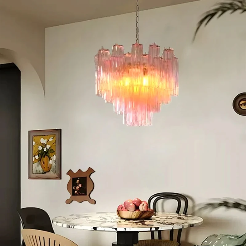 Italian Designer Texture Glass Ceiling Chandeliers Vintage Pink Glass Pendant lamp Living Dinning Room Luxury Home Decoration