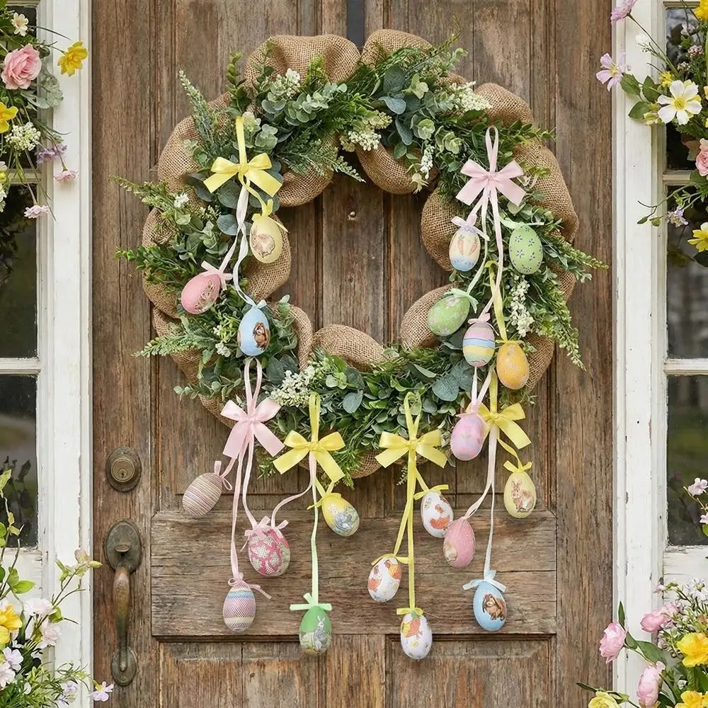 

Painted Easter Eggs Hanging Pendant DIY Crafts Rabbit Chick Flower Colorful Eggs String with Bow Foam Eggs Ornaments