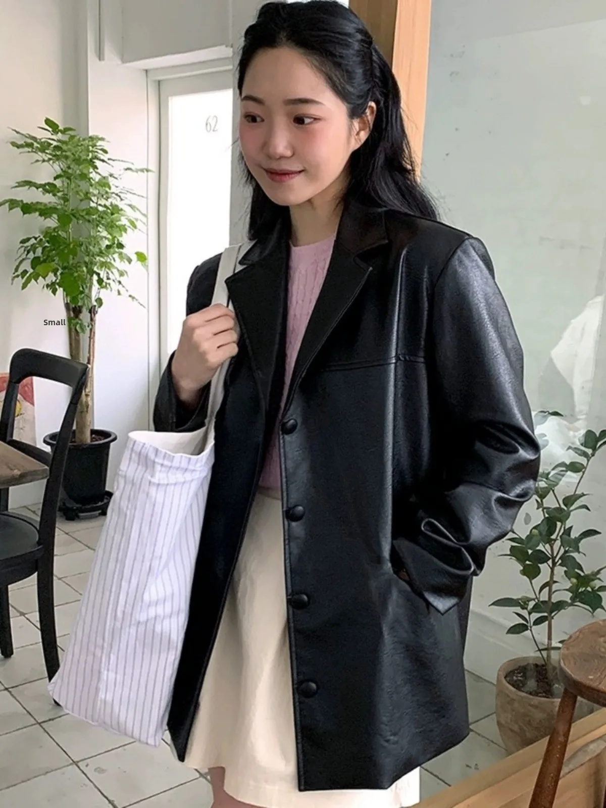 Bla Leather Jaet Women's Korean Sle Winter Faion Retro Suit Outerwear High-End Loose Versatile Top PU Material Long S...