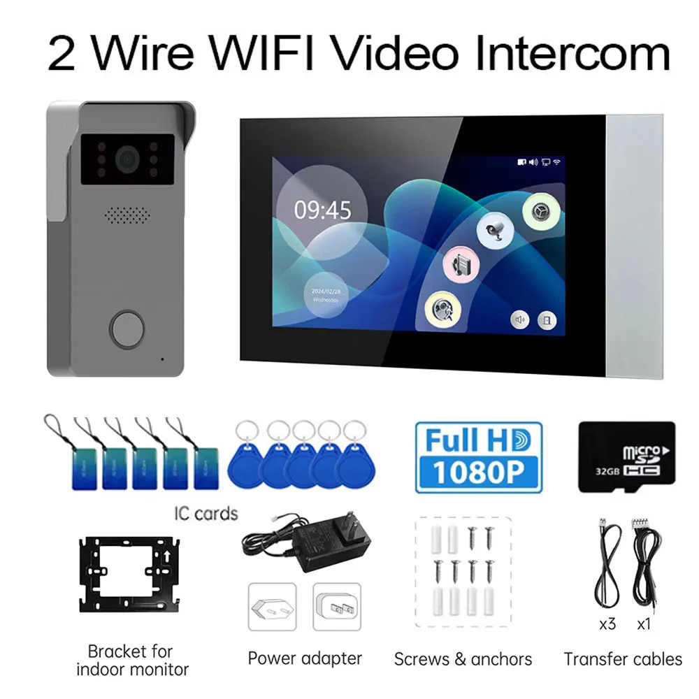 Interphone vidéo à 2 fils pour maison intelligente Tuya, écran tactile, sonnette, système de sécurité de porte, 1080P, 2 pièces, 7 documents en