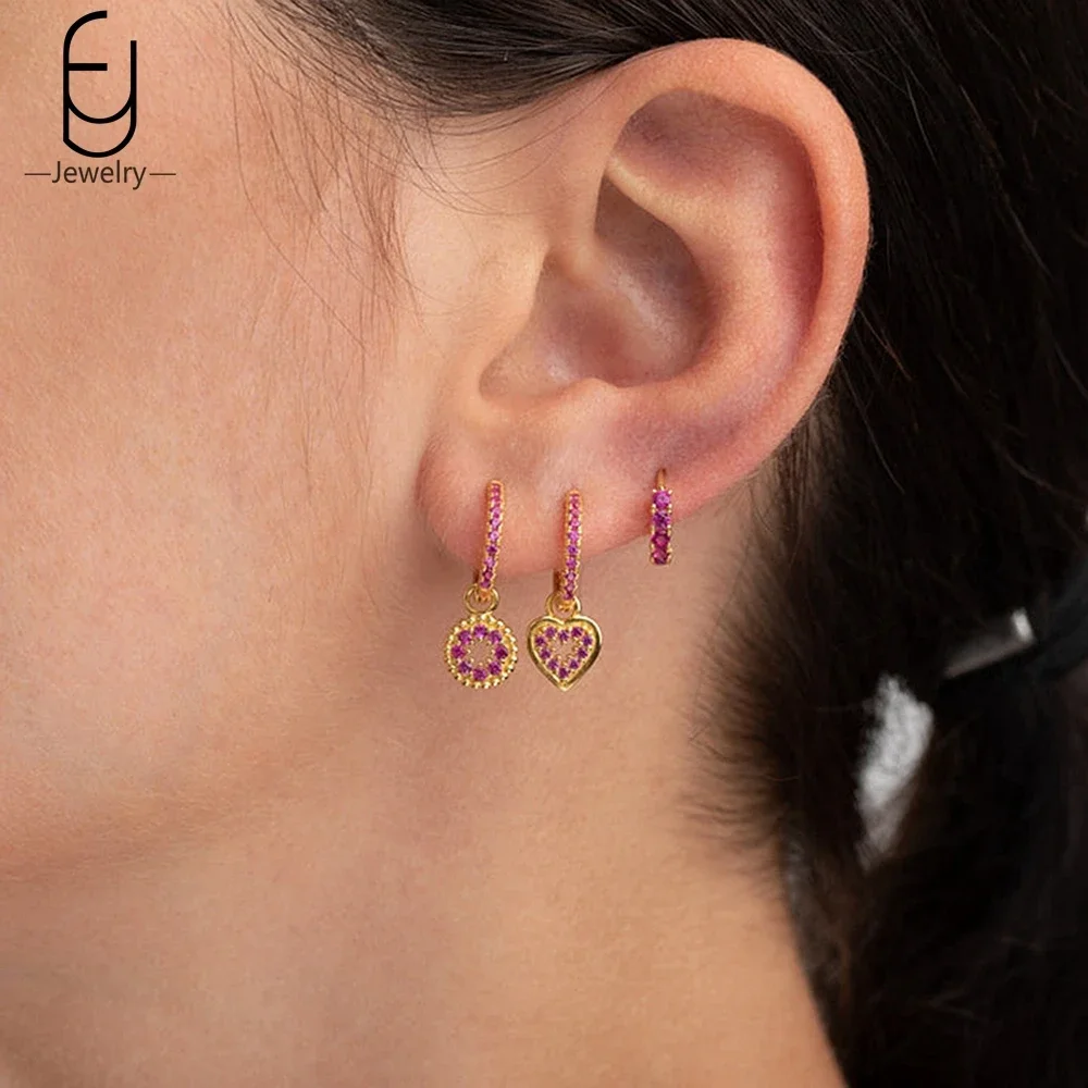 925 Sterling Silver Ear Buckles Fashion Hoop Earrings Rose Red Crystal Pendant Gold Earrings High Quality Women\'s Jewelry Gifts