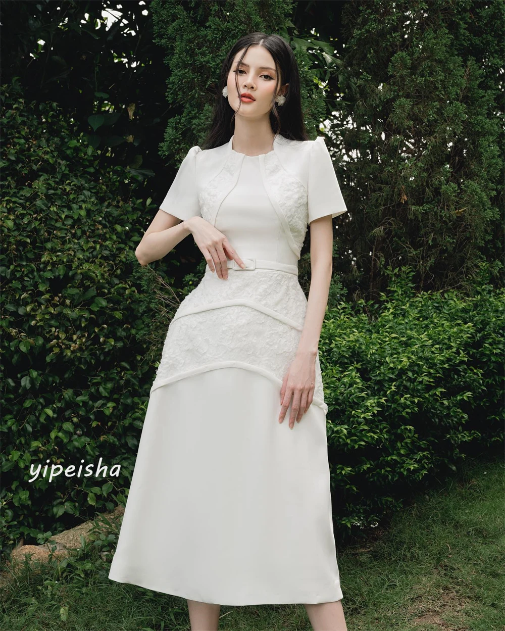 Customized Jersey Applique Sash Ruched Wedding Party A-line Square Neck Bespoke Occasion Gown Midi Dresses