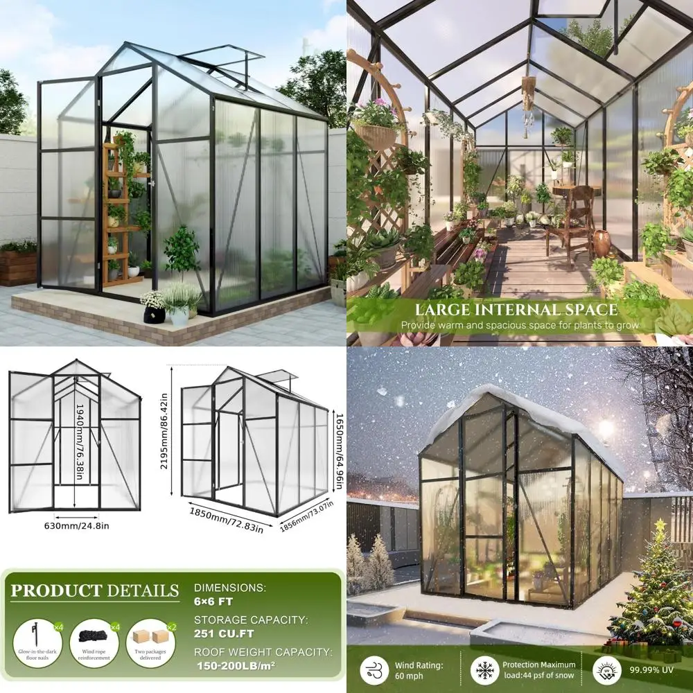 

Большая уличная теплица из поликарбоната с высотой 7,2 фута и размером 6x6,2 фута, с улучшенной устойчивостью к ветру и