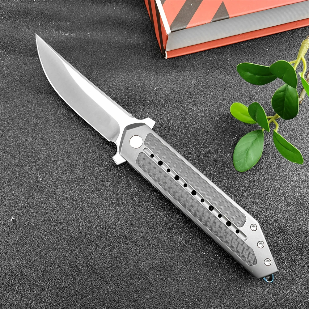 Outdoor Folding Knife High Quality D2 Drop Point Blade Titanium Inlay Carbon Fiber Handle Hunting Knife Camping Tactical Tool