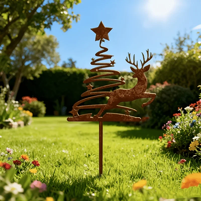 [2D Flat] Retro Wrought Iron Elk Christmas Tree Garden Stake, Outdoor Yard Courtyard Christmas Decoration