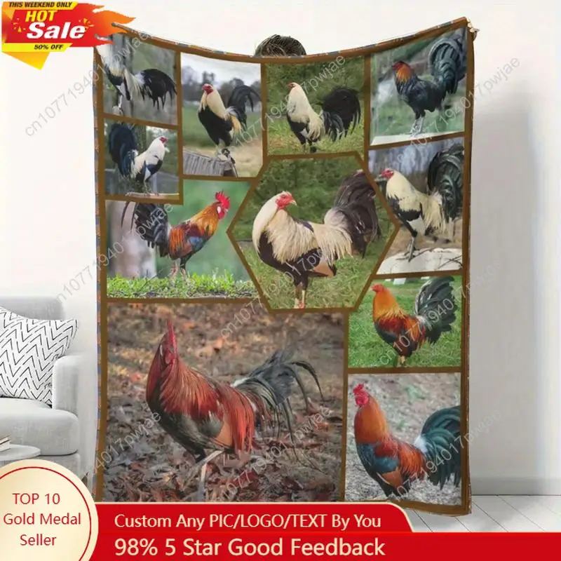 

Rooster Print Flannel Throw Blanket 280GSM Premium Weight Blanket Soft Warm Machine Washable Colorful Chicken Custom blankets
