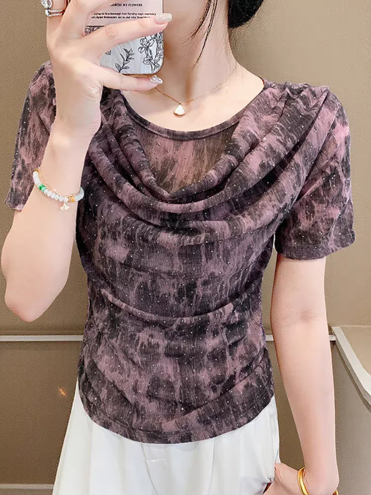 New Arrival Rhinestone T-Shirt Women's Short Sleeve Draped Neck Slimming Chic Blouse Trendy Casual Top