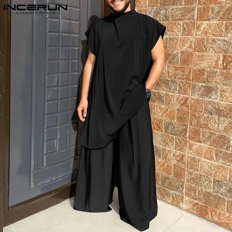 INCERUN Men Sets Muslim Clothing 2024 Loose O-neck Short Sleeve T Shirt & Wide Leg Pants 2PCS Solid Color Men Casual Suits S-5XL