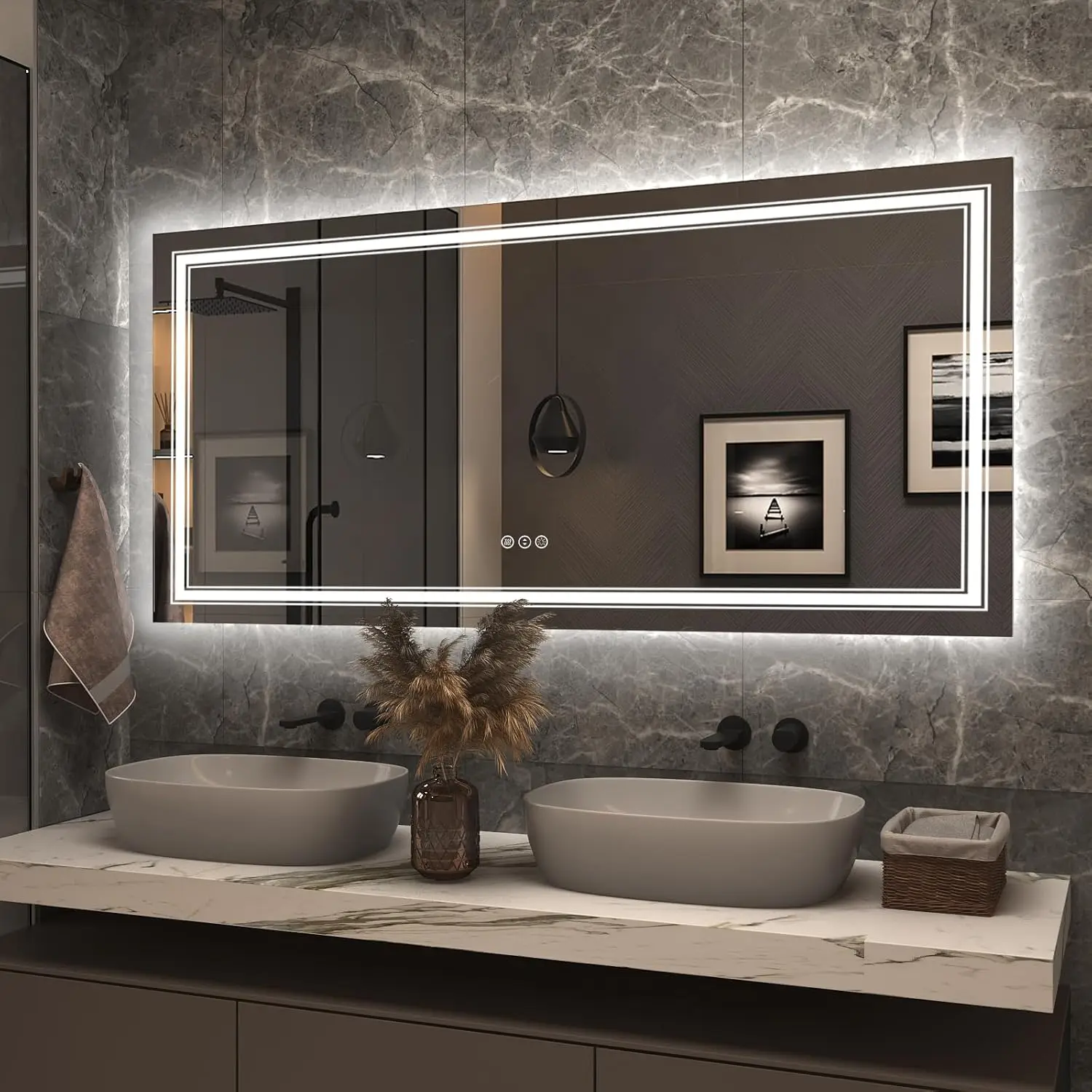 Bathroom Wall LED Lighted Mirror - Large, Dimmable, Shatterproof, Anti - Fog (Backlit and Front Lighted)