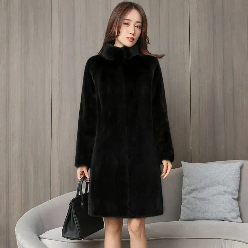 Haining New Mink Faux Fur Coat Long Style Stand Up Collar Thickened Medium Long Style Mink Coat For Middle-aged Elderly Mothers