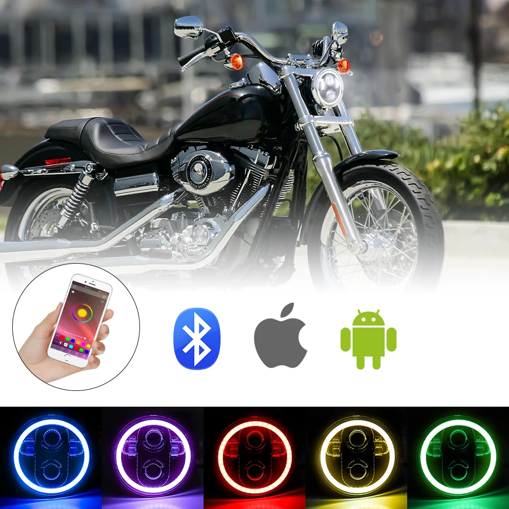 1Set 5.75Inch RGB Headlight with RGB Halo Mobile App Remote Control Music Mode Compitable with Harley Sporster 883