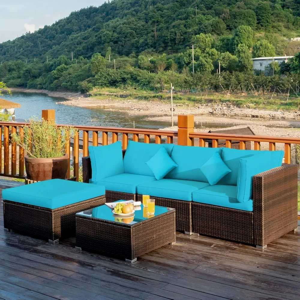 

5 Piece Patio Rattan Furniture Set, Outdoor Sectional Rattan Sofa Set with Back & Seat Cushions, Wicker Conversation Se