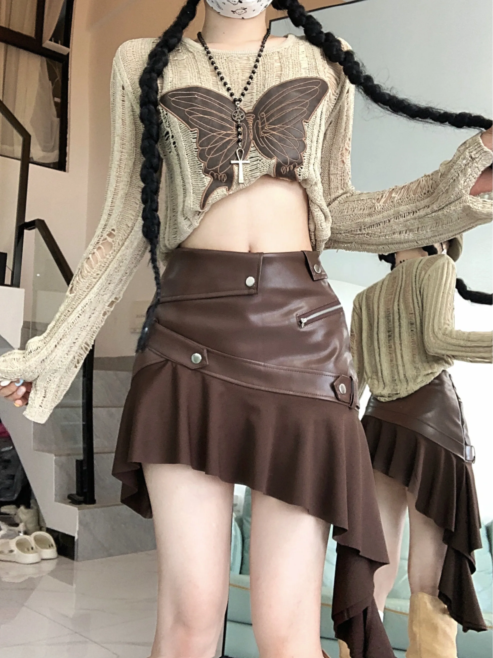 

Leather Splicing Irregular Short Skirts For Women 2024 Autumn New Fashion Versatile Mini Skirt Female Trend Faldas Saias