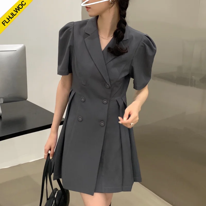 Hot New Design Korean Style High Street Womens Fashion Cute Elegant Office Lady Double Breasted Button Notched Mini Blazer Dress