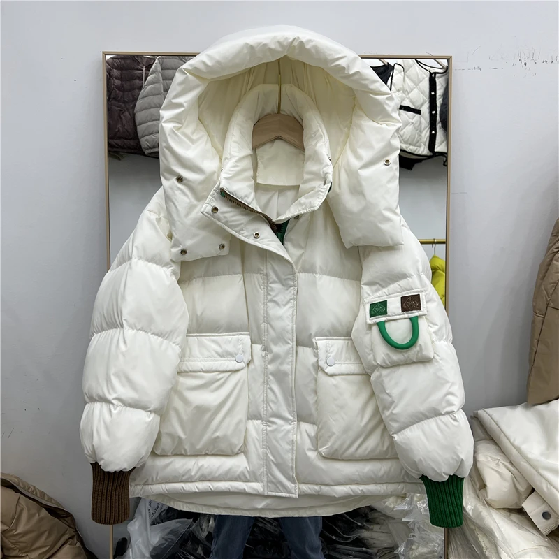 Letter Knit Spliced Down Jackets Women Short Parkas Hooded Fashion 2023 Winter Jacket Thick Warm Parka Casual Cotton Coat Female