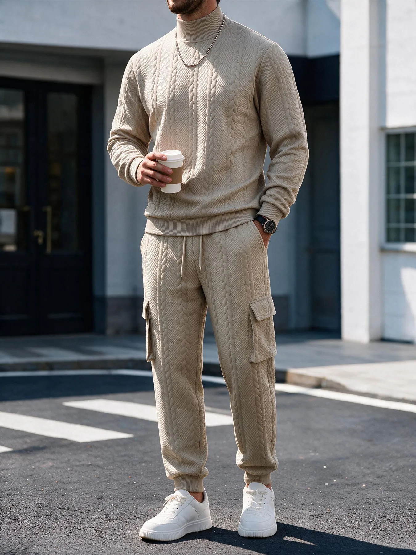 Men Solid Color Heavy Duty Simple Basic Casual Daily Loose 2 Pieces Sets Winter New Fashion Male Pullover Trousers Top Clothes - view 4