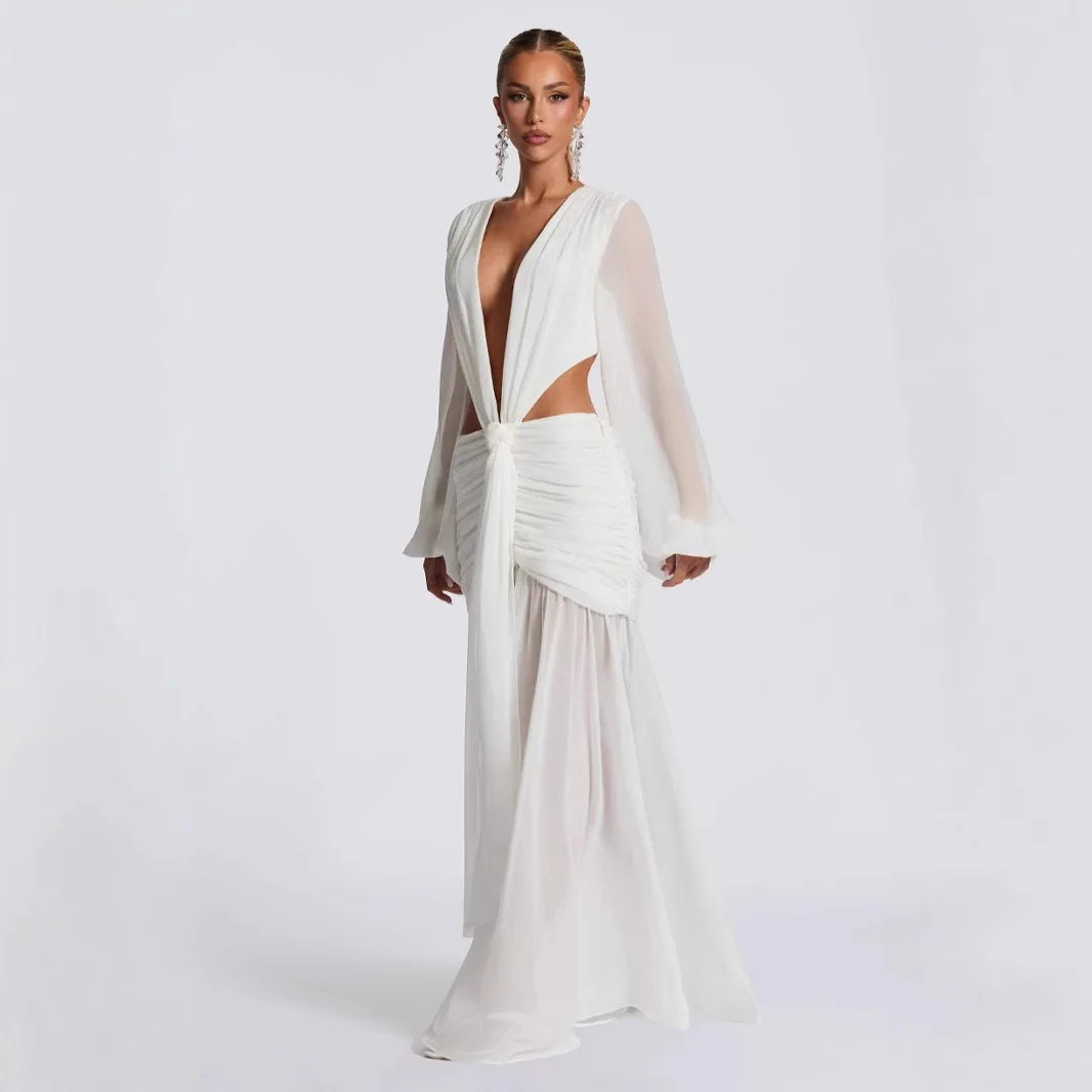 2025 Vestido de gasa para mujer con mangas transparentes, Vestido largo de manga larga calado de Color sólido a la moda sin espalda Sexy Vestido de mujer