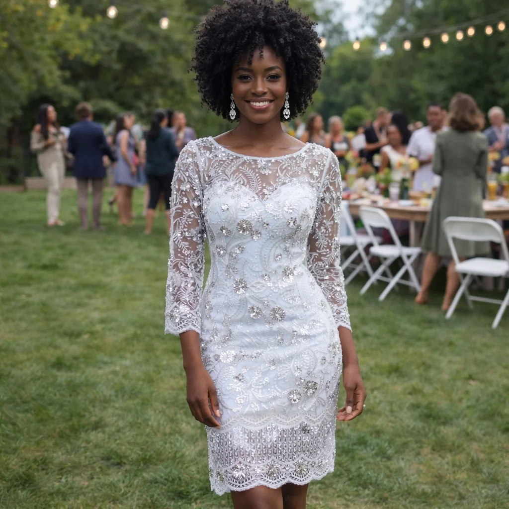 Afrikanischer Mesh-Pailletten-Spitzenstoff, zarte weiße Stickerei auf glitzerndem Silbernetz, eleganter mehrlagiger Besatz für Brautkleider.