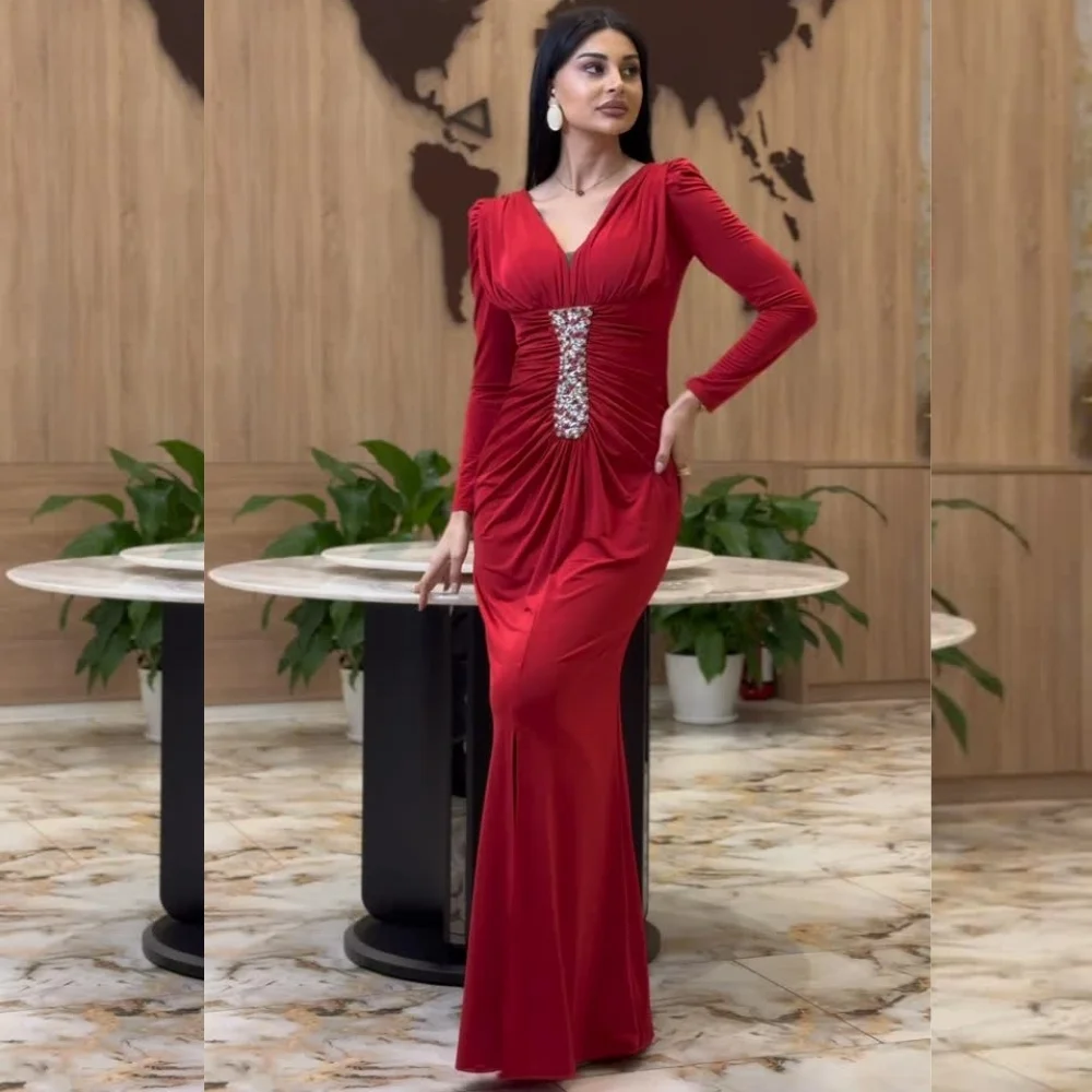 

Customized Classic Exquisite Jersey Sequined Pleat Trumpet V-neck Long Dresses Bespoke Occasion Matching