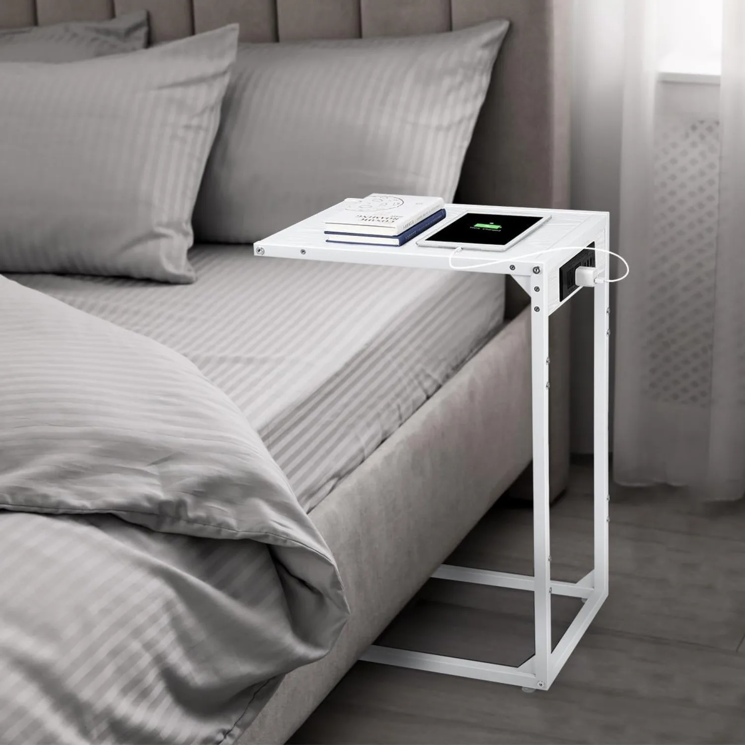 Tavolini di ricarica in 2 pezzi a forma di C con prese USB/alimentazione, mobili per divano scorrevole per soggiorno/camera da letto - Nero