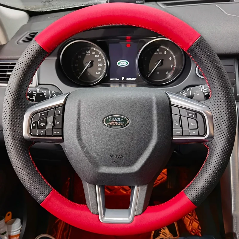 

Для Land Rover Discovery Sport 2015 2016 2017 2018, прошитый вручную черный, красный, нескользящий чехол на руль автомобиля из натуральной кожи