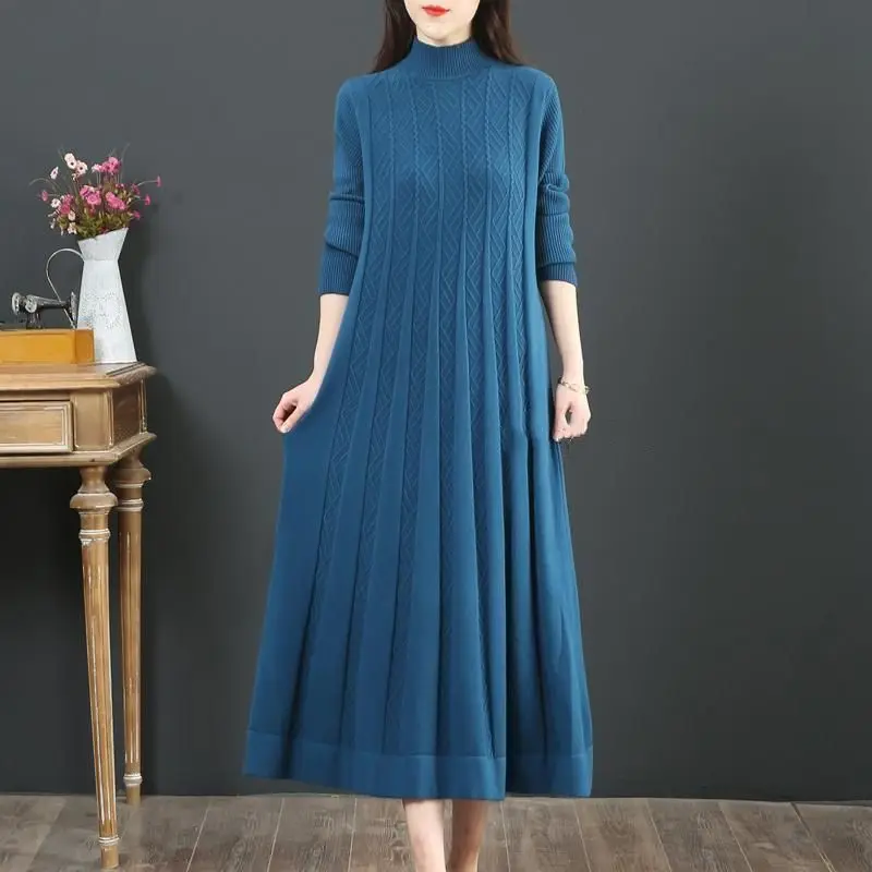 2024NEW Autumn Winter Large Size Covering Belly Dress Middle Aged Elderly Mother Retro Long Knitted Sweater Dresses Vestidos 6XL