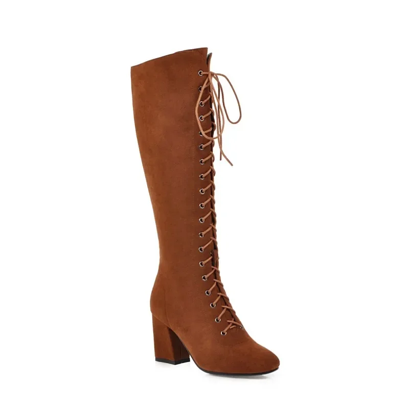Oversize Large size Big size High quality autumn and winter women\'s shoes Square toes Thick Heel Lace-up cowboy boots