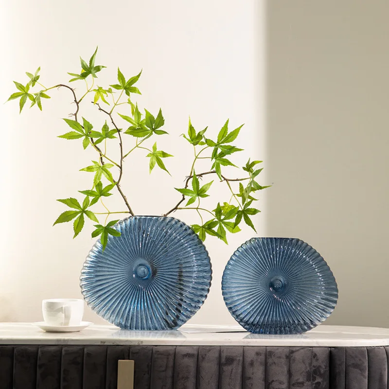 Creative Blue Oval Glass Vase Hydroponic Vase Threaded Flower Arranger Table Decoration Living Room Decoration Nordic Home Decor