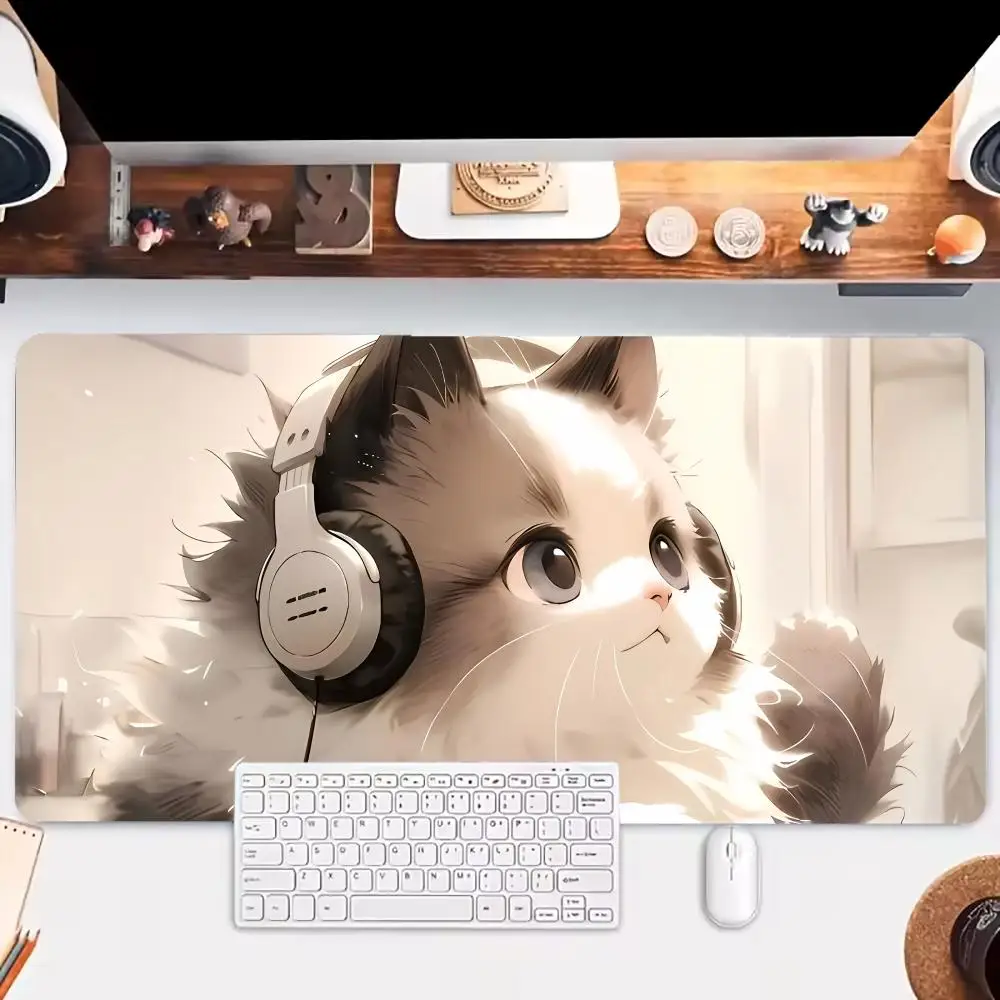

Headphones Cat Cute Mouse Pad Desk Accessory Aesthetic Large Gaming Mousepads Non-slip Laptop Tablet Mat Office Accessories PC