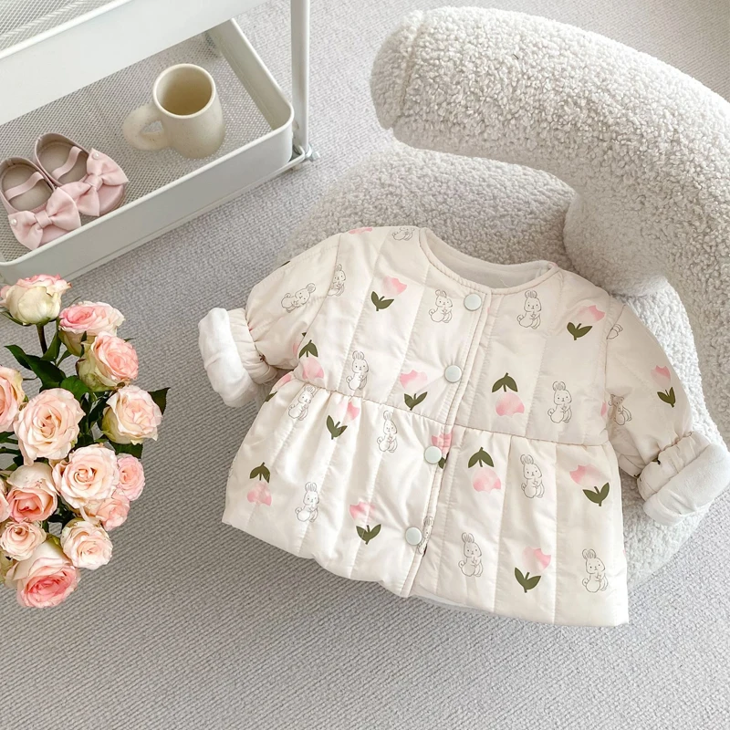 Autumn and winter new baby clothes 0-3 years old baby clothes baby girls rabbit pressed cotton long-sleeved outdoor clothes